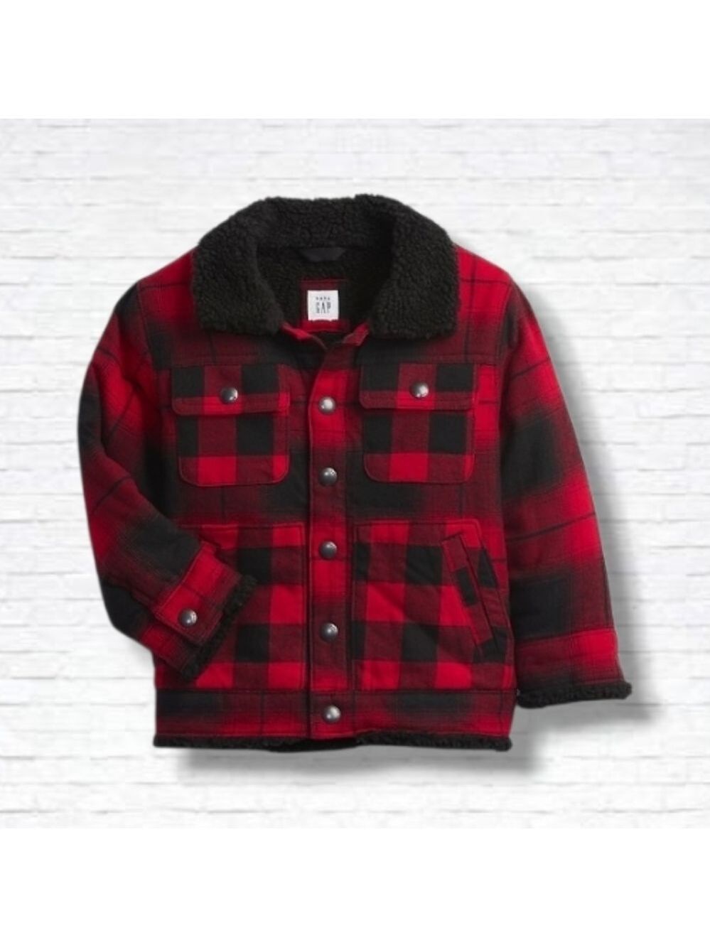 GAP Red & Black Buffalo Plaid Sherpa Lined Trucker Jacket Size 3T
